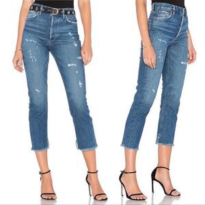 AGOLDE Sz 26 Ankle Straight Jeans High Rise Button Fly Distressed Raw Edge Denim